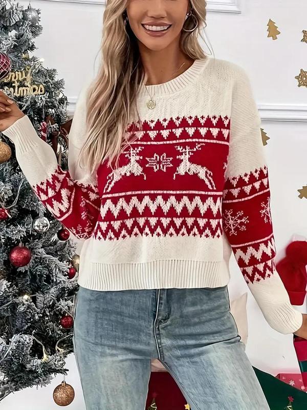 Women's Christmas Themed Jacquard Drop Shoulder Sweater, Casual Long Sleeve Round Neck Jumper Fall Sweaters for Fall & Winter, Ladies' Knitwear for Daily Wear, Fall Clothes 2024